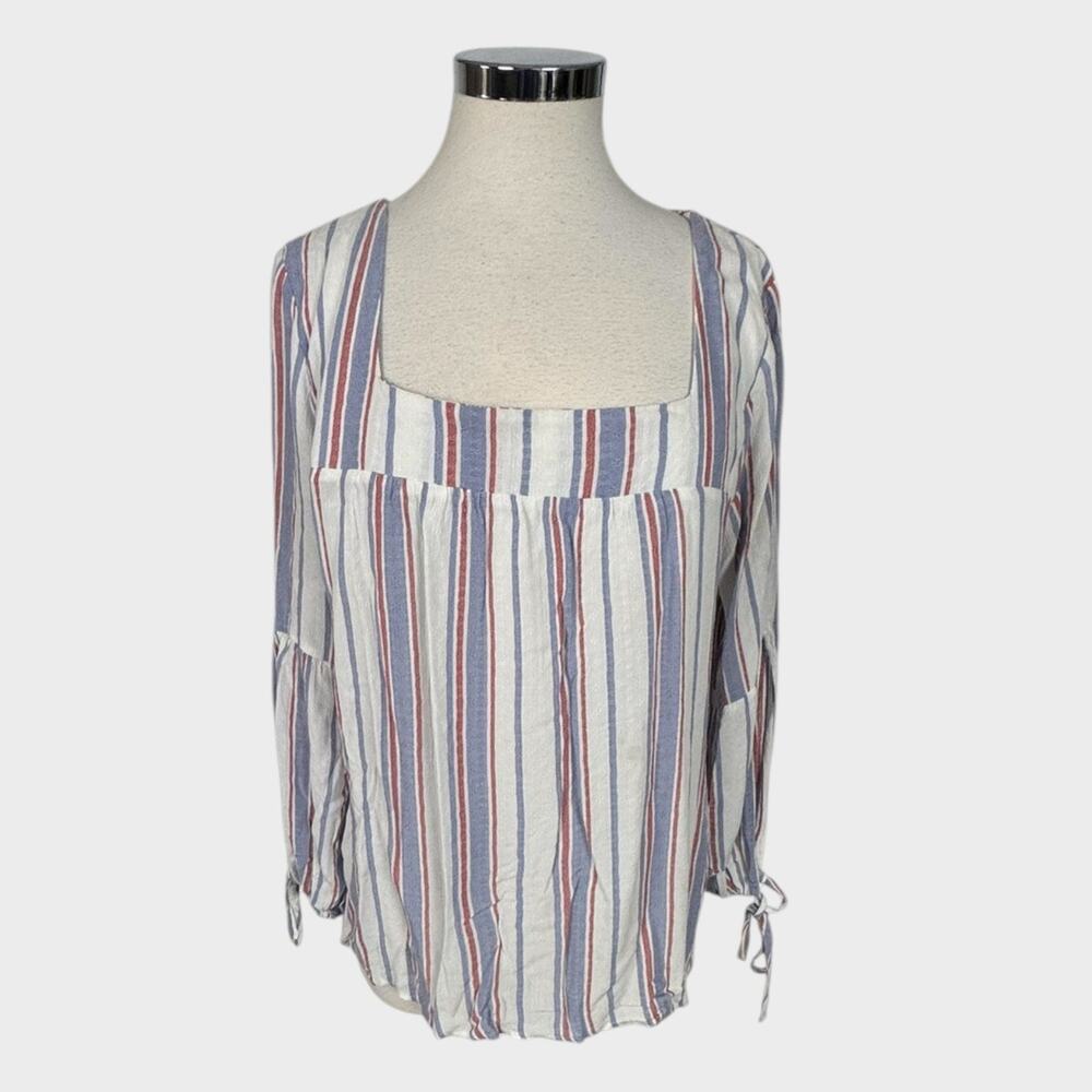 MOD Lusive XL 100% Rayon Square Neck Top White Blue Pink Stripe Tie Sleeve